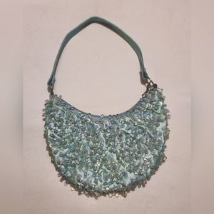 Vintage Womens Blue Iridescent Beaded Sequin Zipper Closure Crescent Evening Bag